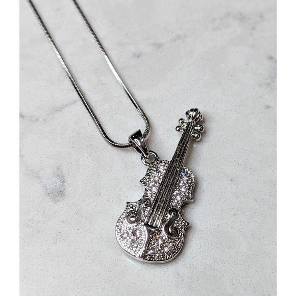Violin Strings Necklace White Gold Plated Pendant with Crystals - Picture 7 of 10